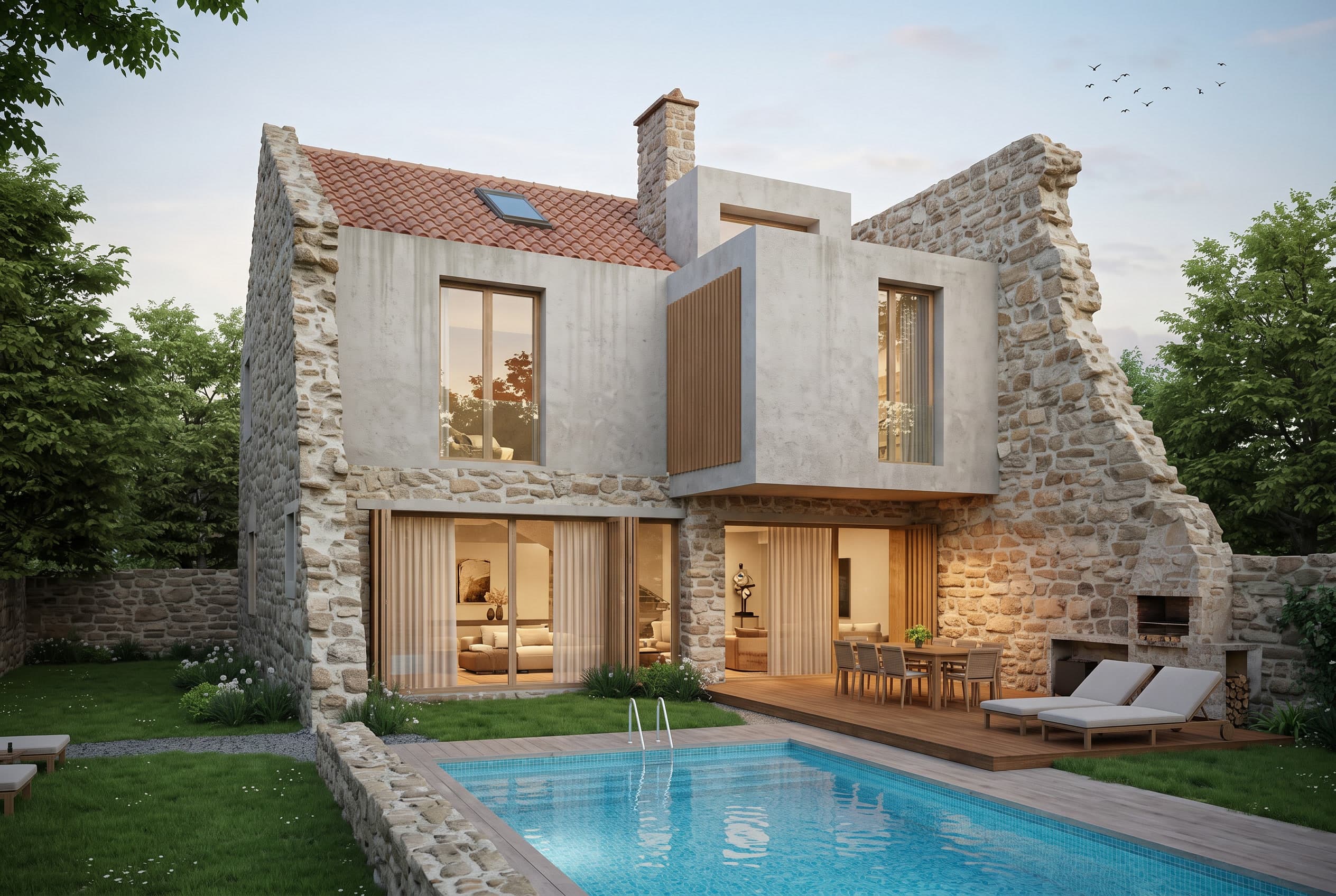 Renovation concept after: a restored stone house with a warm modern addition